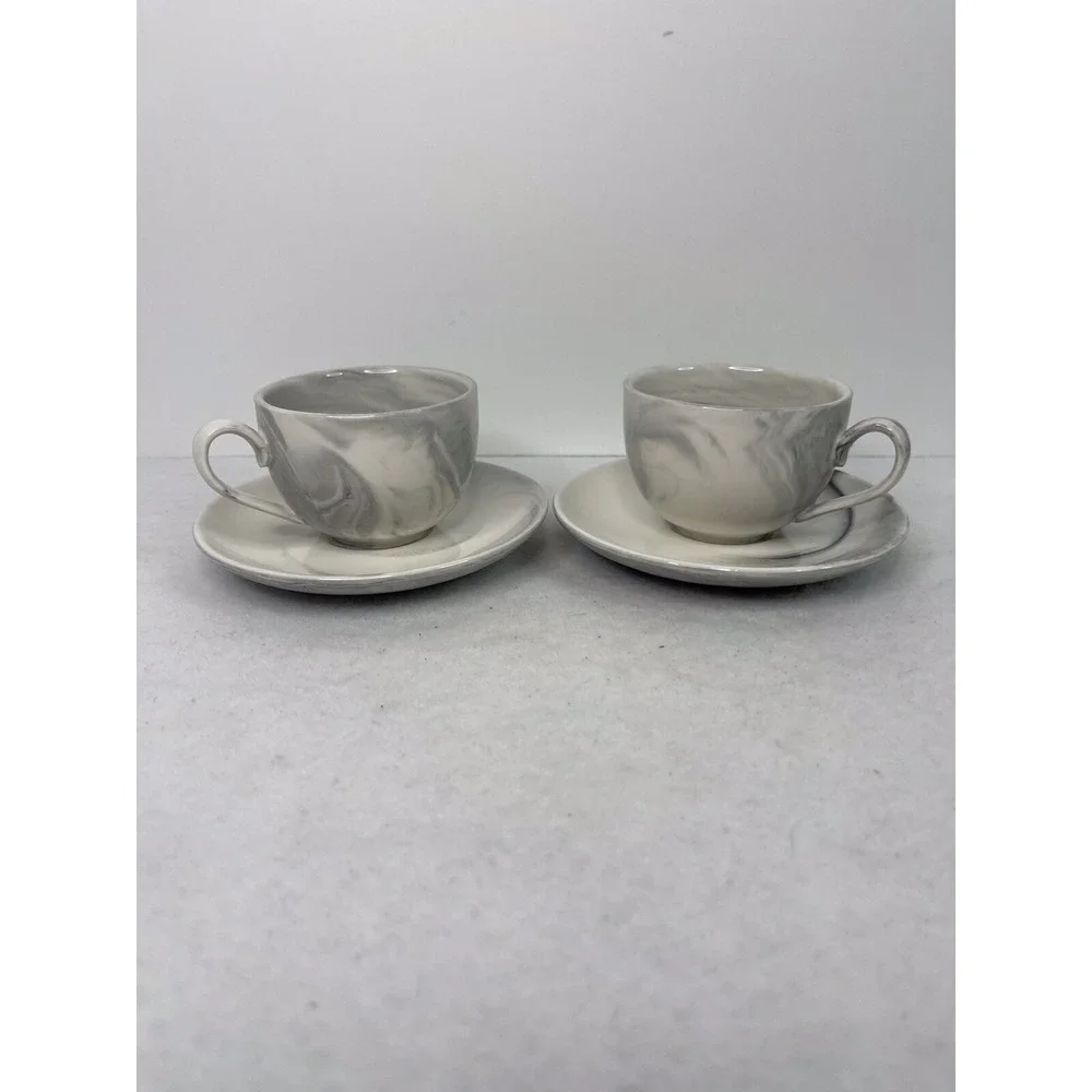Ciroa Marbled Demitasse  2 Espresso Cups and Saucer set Gray Black White